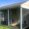 Navajo White 10x16 enclosed dog kennel with a gable roof, three chain-link outdoor runs, two windows, and Navajo White siding with white trim.