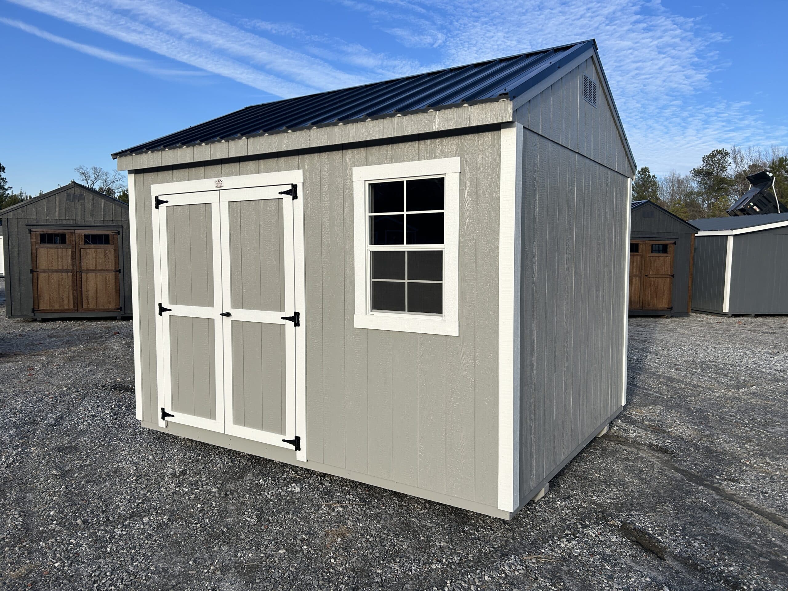 10x12 grey workshop shed with white trim and black metal roof for sale in SC