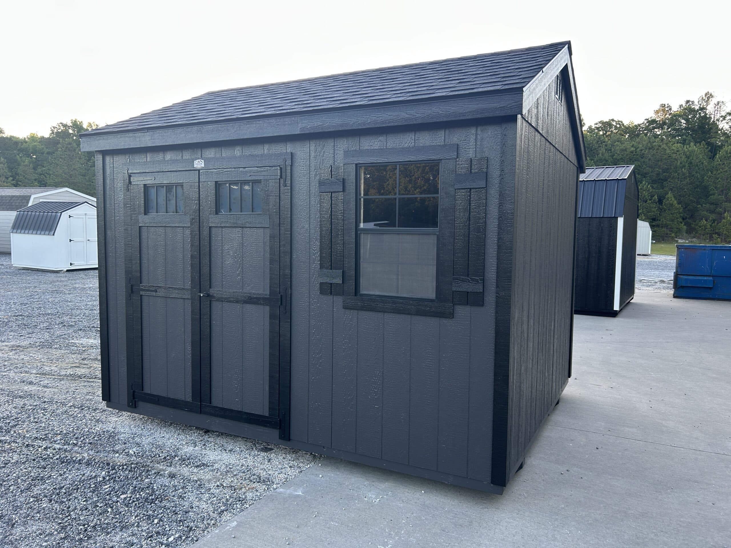 black 10x12 classic workshop shed with black trim and black asphalt shingled roof for sale in SC