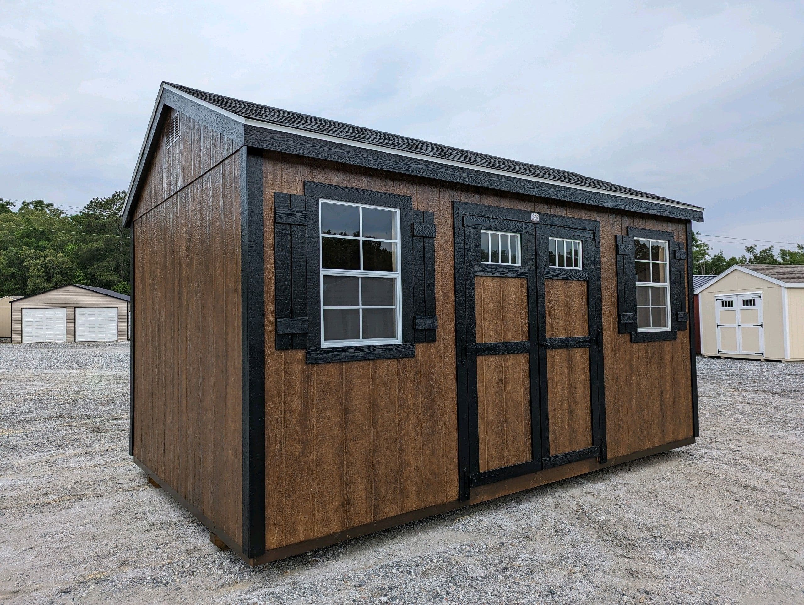 10x16 Chestnut stain wood sided CLASSIC workshop shed with black trim and charcoal asphalt shingle roofing for sale in SC