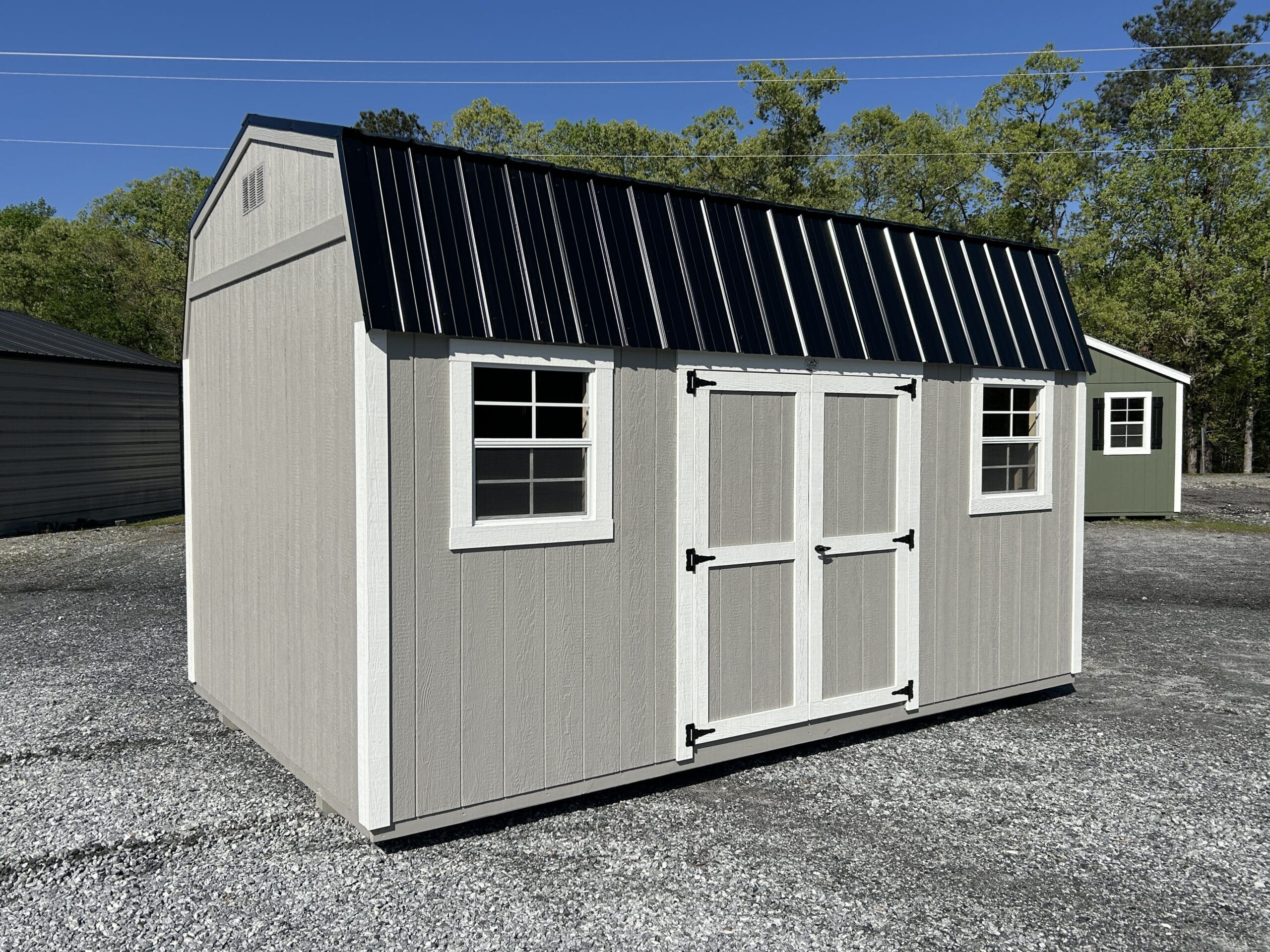 10x16 christiana grey dutchbarn shed with white trim and black metal roofing for sale in SC