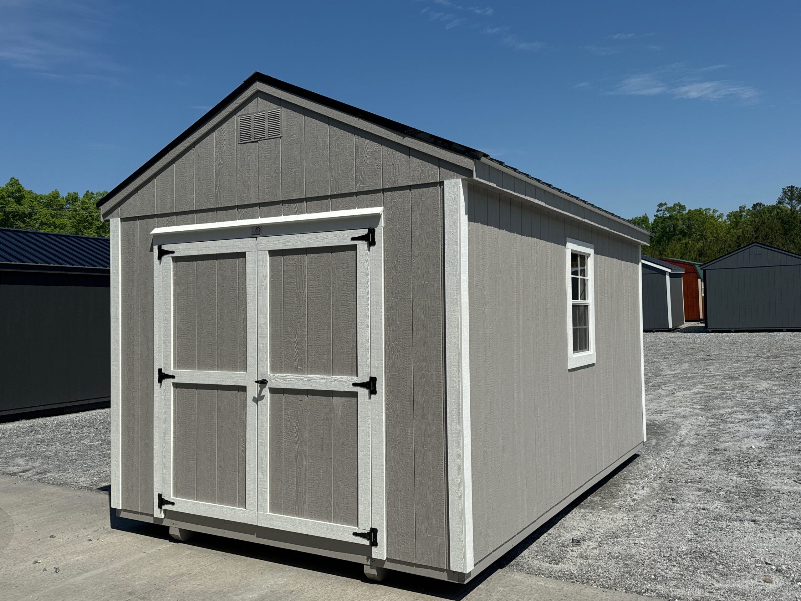 10x16 grey wokshop shed with white trim and black metal roofing for sale in SC