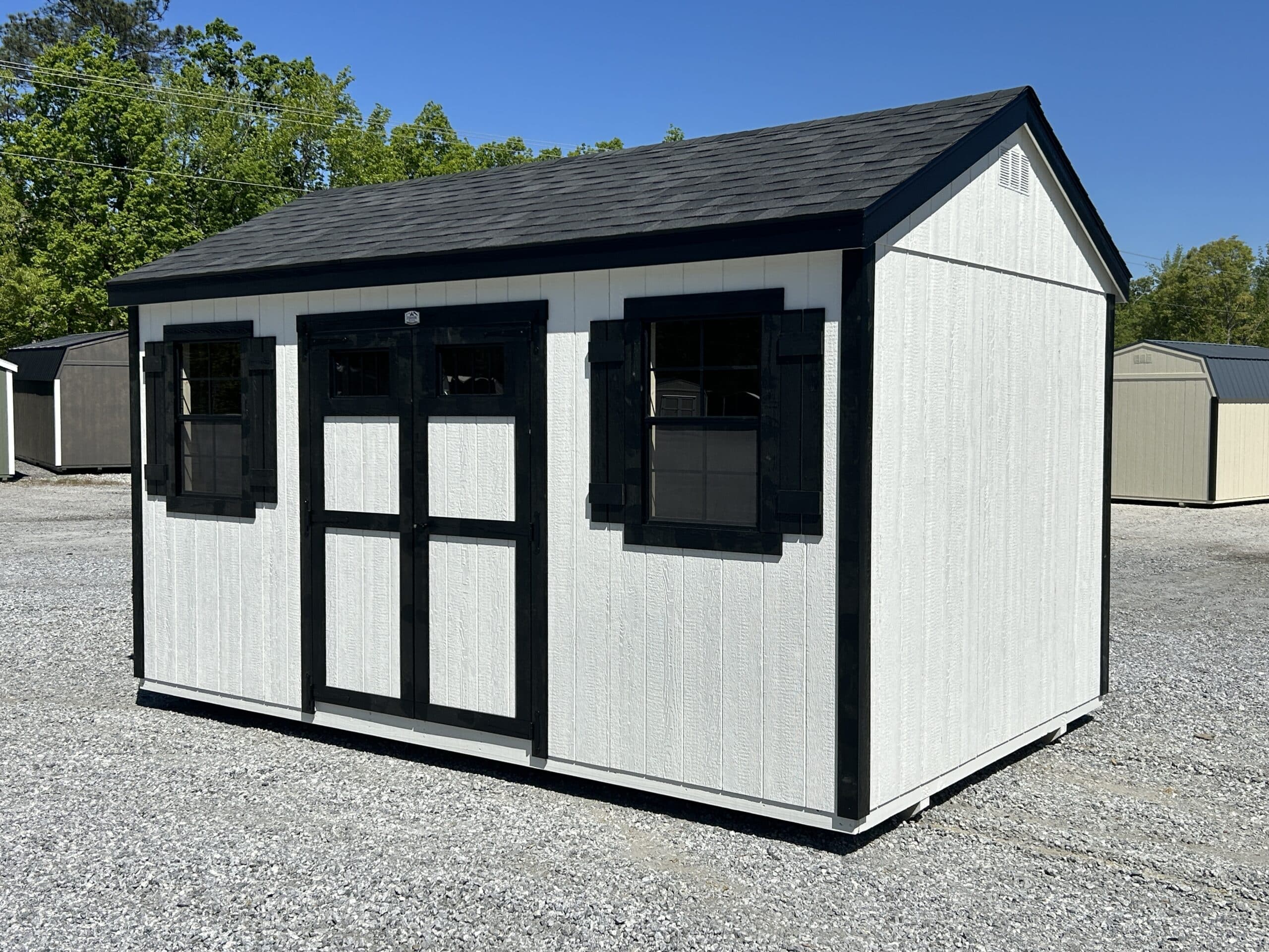 10x16 white classic workshop shed with black trim and black asphalt shingled roof for sale in SC
