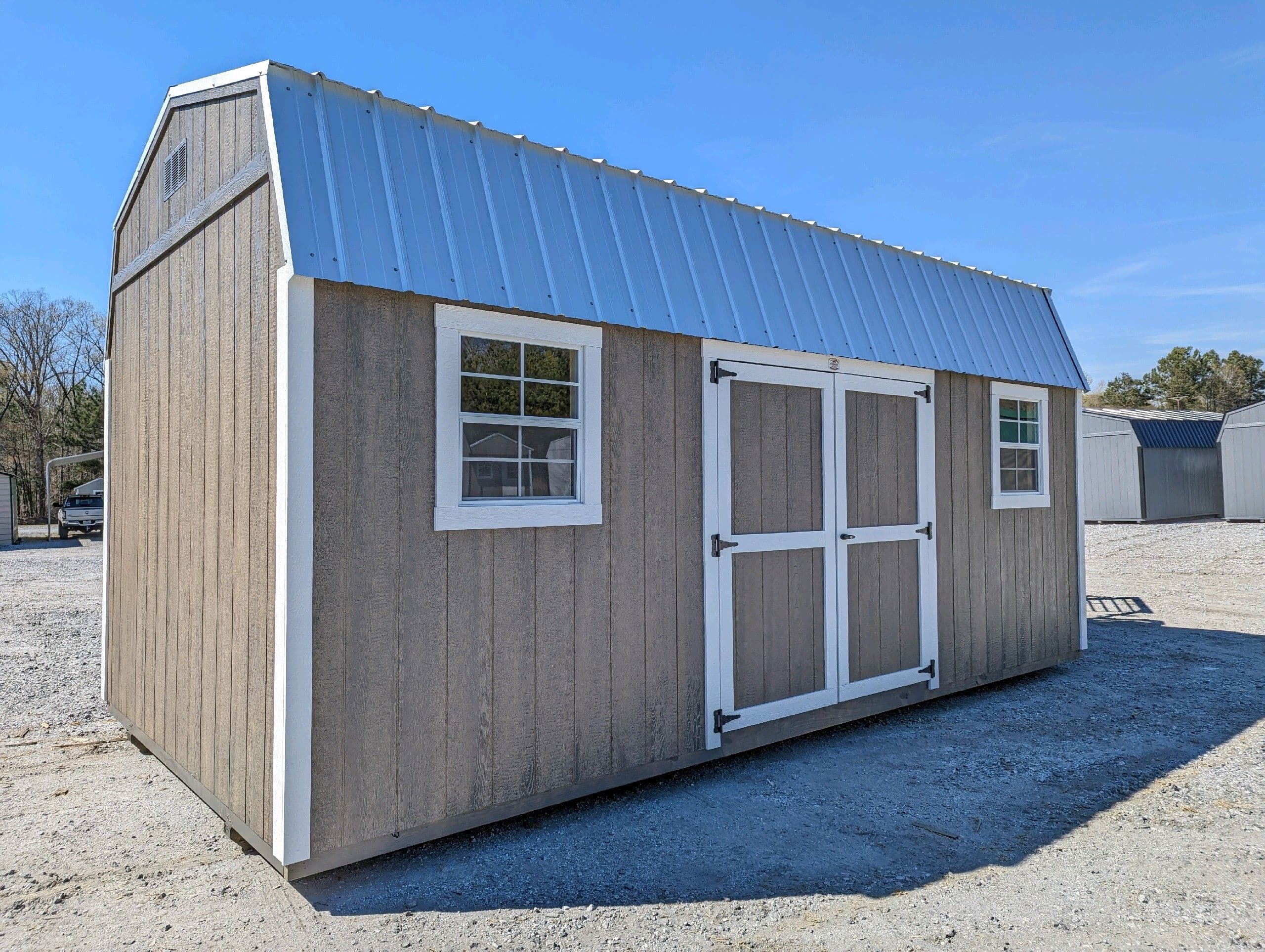 10x20 Driftwood stain wood sided DUTCHBARN with white trim and white metal roof for sale in SC