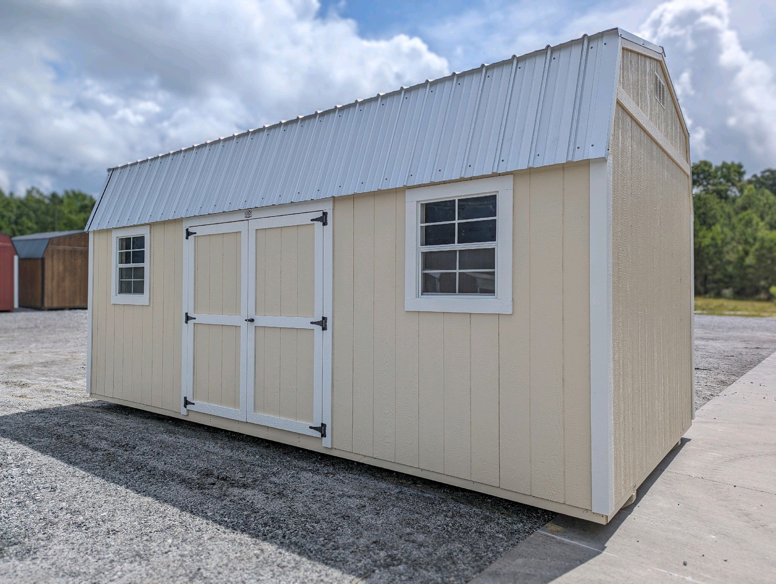 10x20 Navajo white DUTCHBARN with white trim and white metal roof for sale in SC