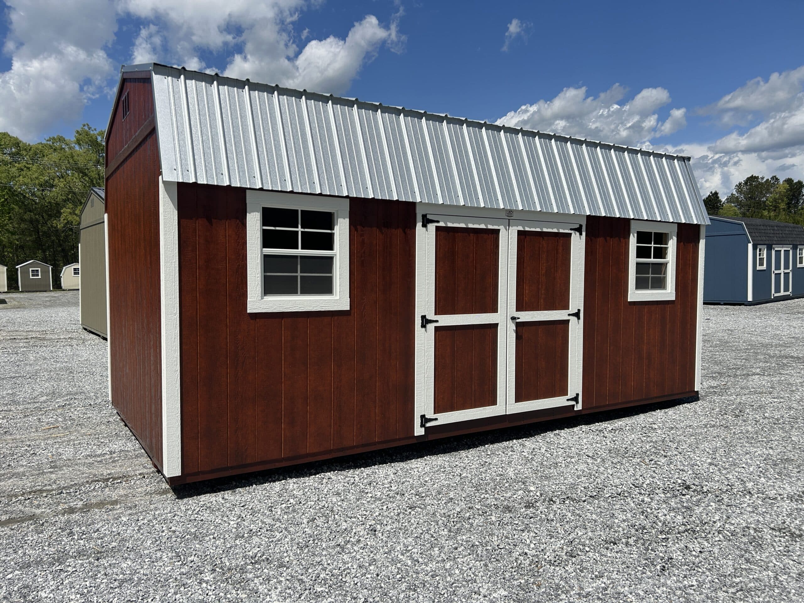 10x20 Red Dutchbarn with white trim and Galvalume metal roofing for sale in SC