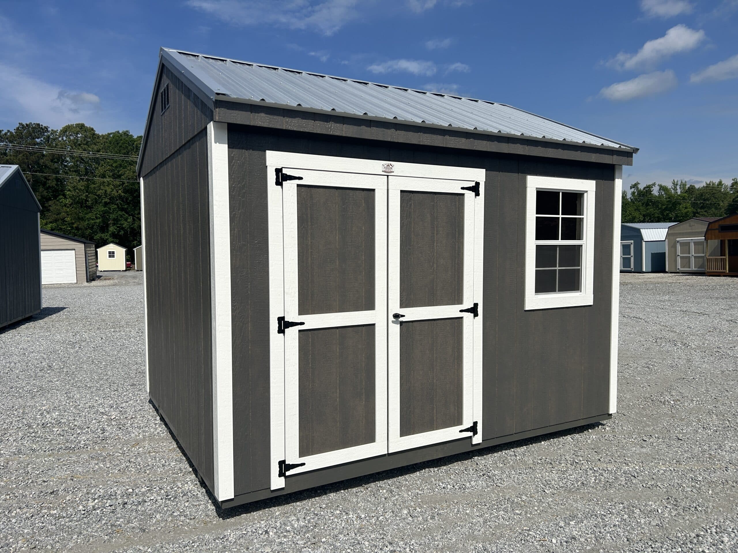 12x12 workshop with Driftwood Wood Siding white trim and Galvalume Metal Roofing in SC
