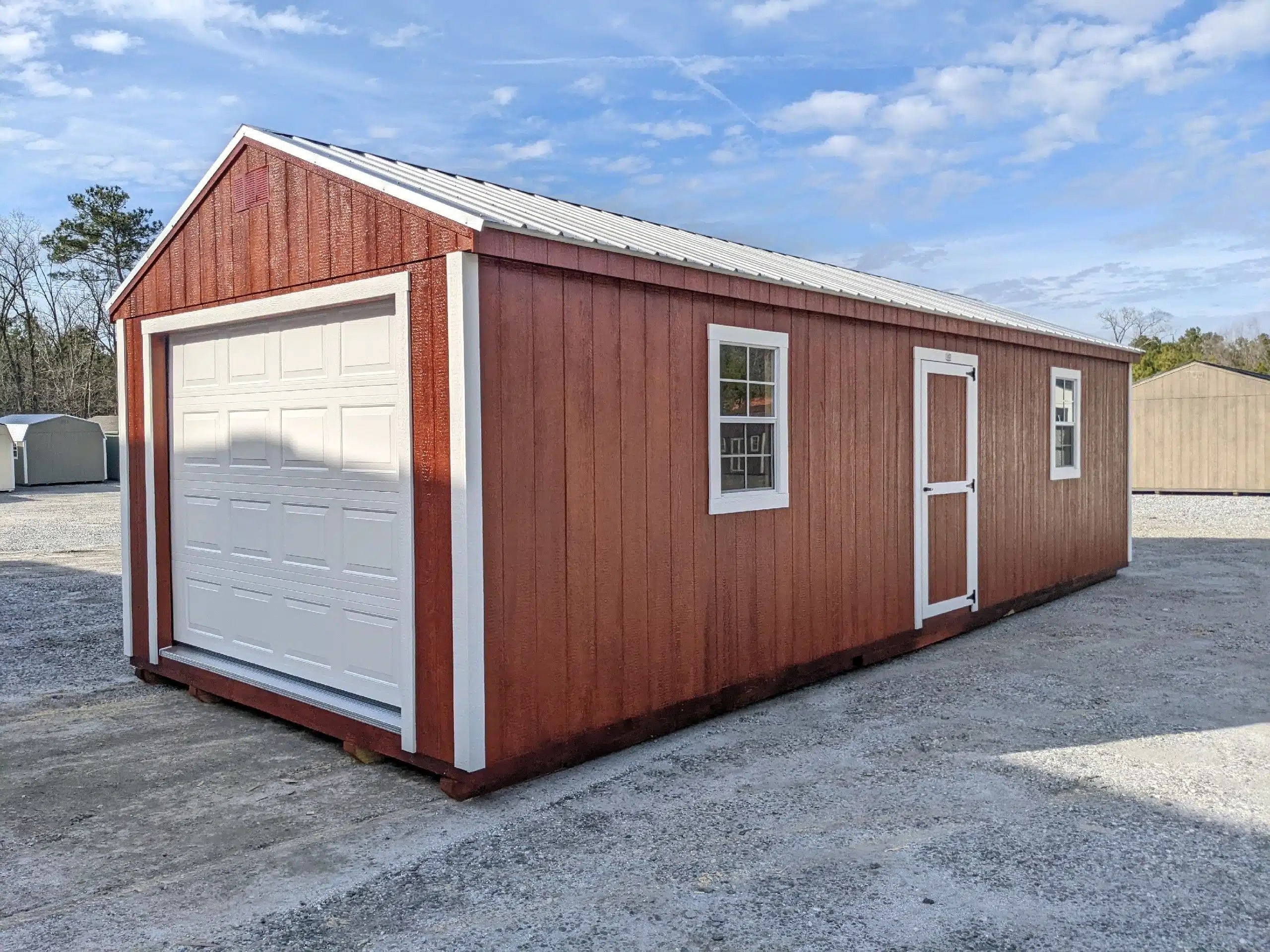 12x36 Portable Garage Shed with mahogany wood siding white trim and galvalume metal roofing available in SC