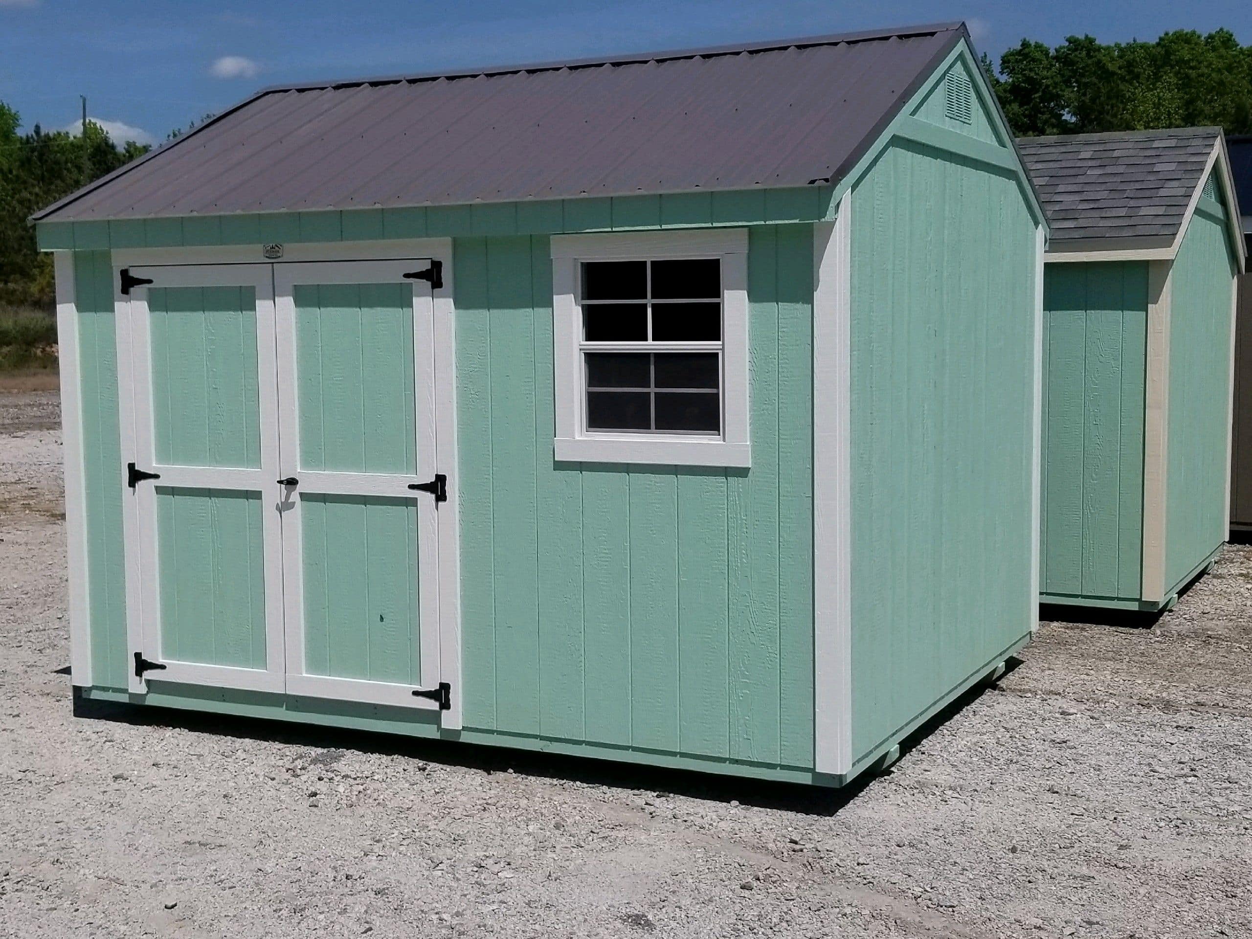8x16 Mint green with white trim and black metal roof WORKSHOP shed for sale in SC