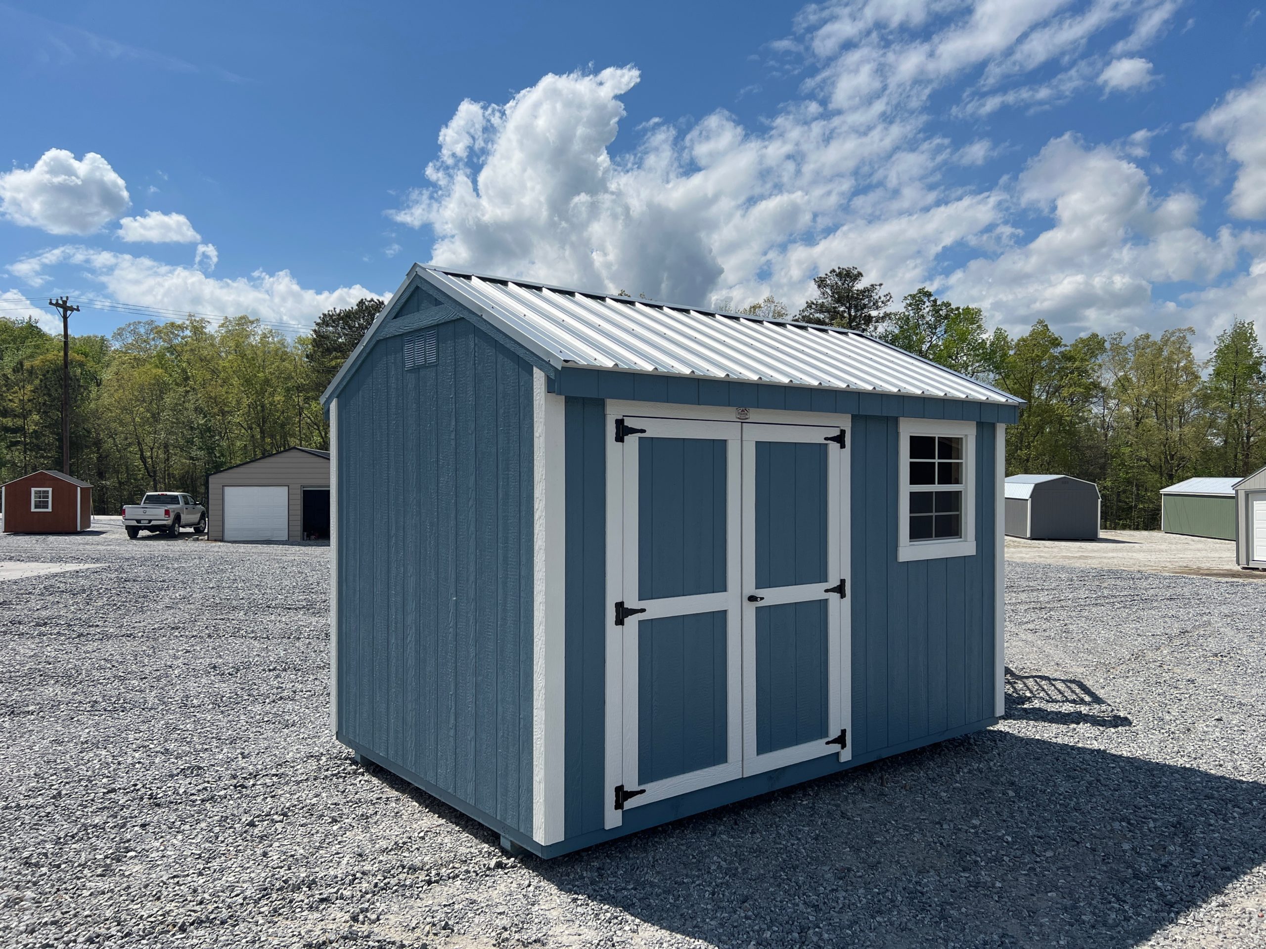 8x16 blue with white trim and white metal roof WORKSHOP shed for sale in SC