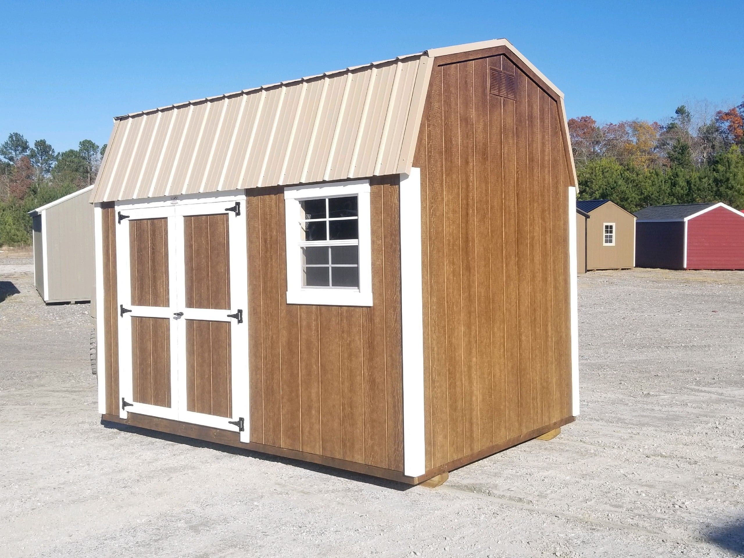 8x16 brown with white trim and white metal roof DUTCHBARN shed for sale in SC
