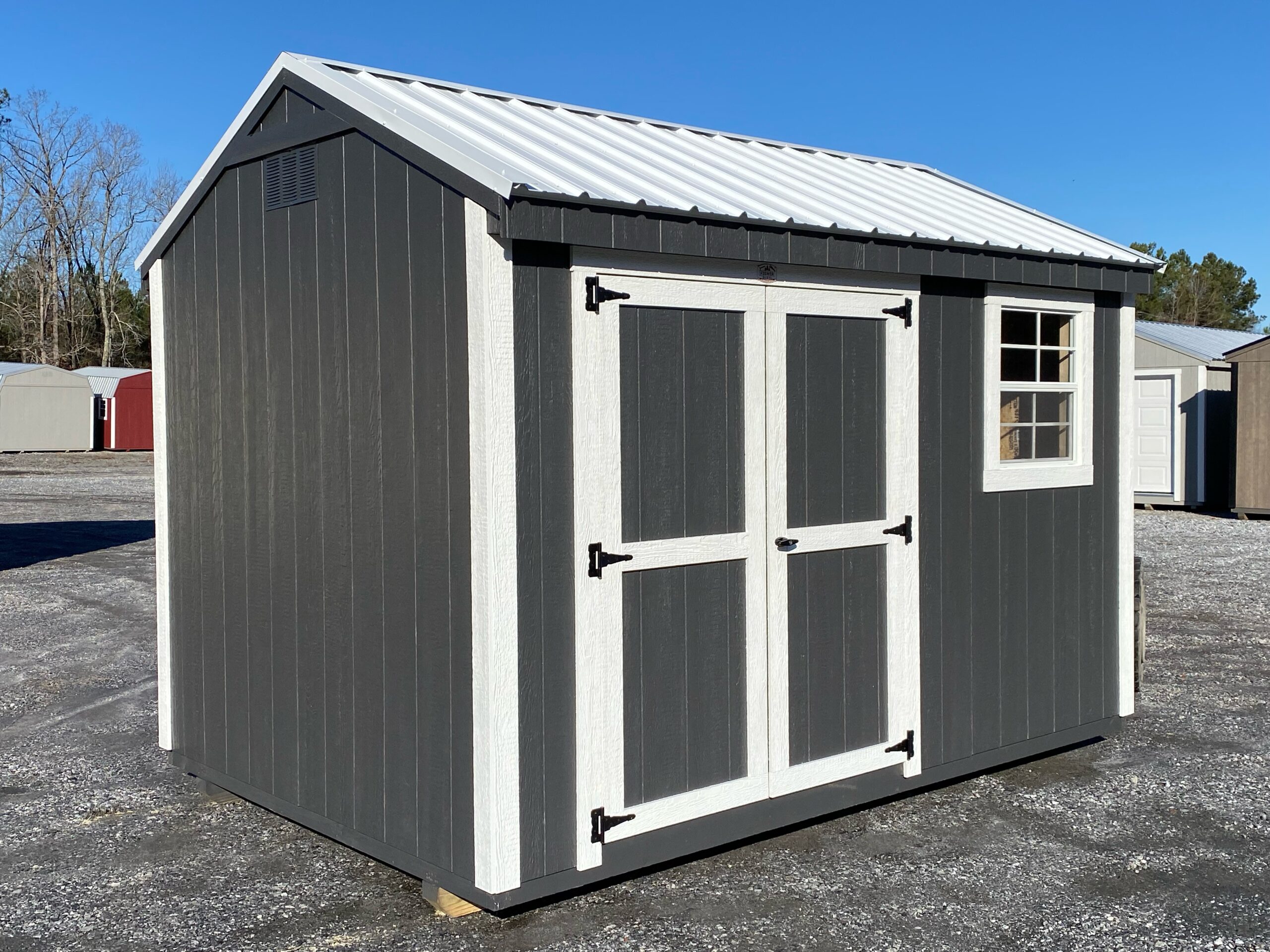 8x16 dark grey with white trim and white metal roof WORKSHOP shed for sale in SC