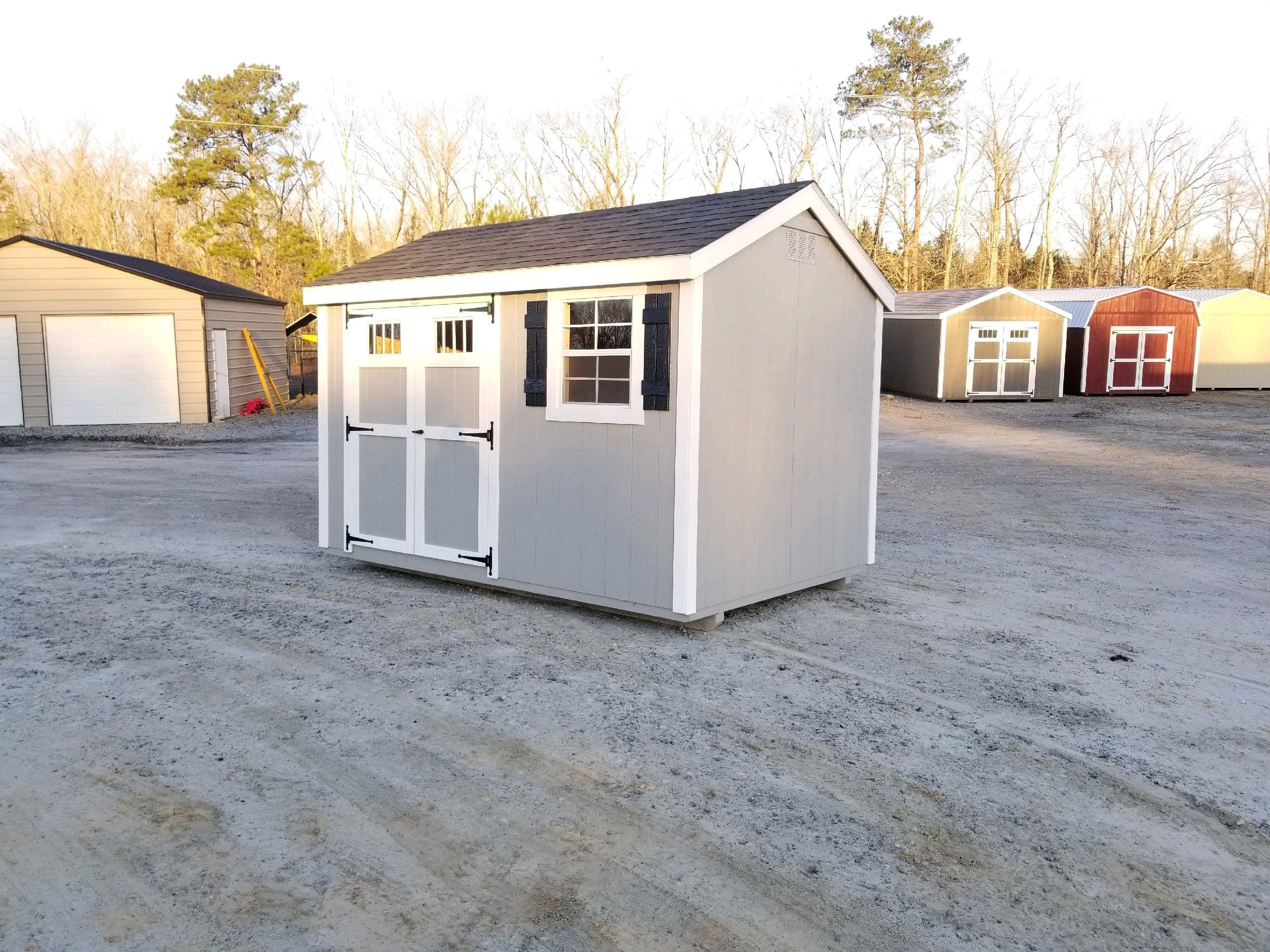 8x16 gray with white trim and black shingle roof CLASSIC workshop shed for sale in SC