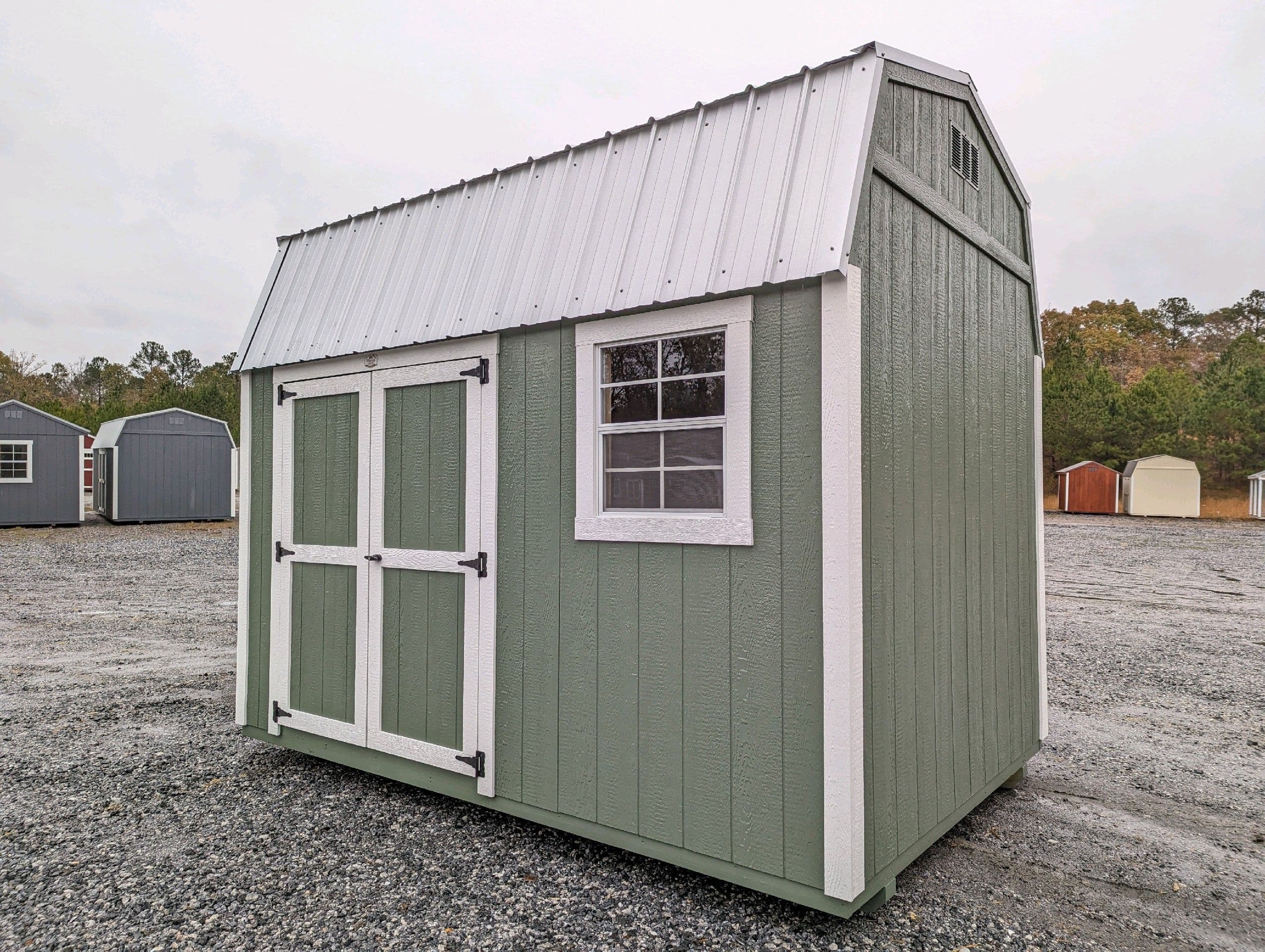 8x16 green with white trim and white metal roof DUTCHBARN shed for sale in SC