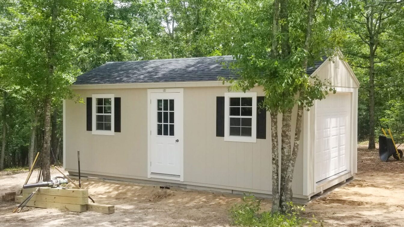 exterior of a brown and white rent to own sheds for sale