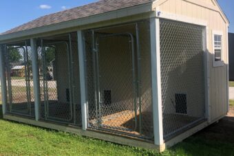 Navajo White 10x16 enclosed dog kennel with a gable roof, three chain-link outdoor runs, two windows, and Navajo White siding with white trim.