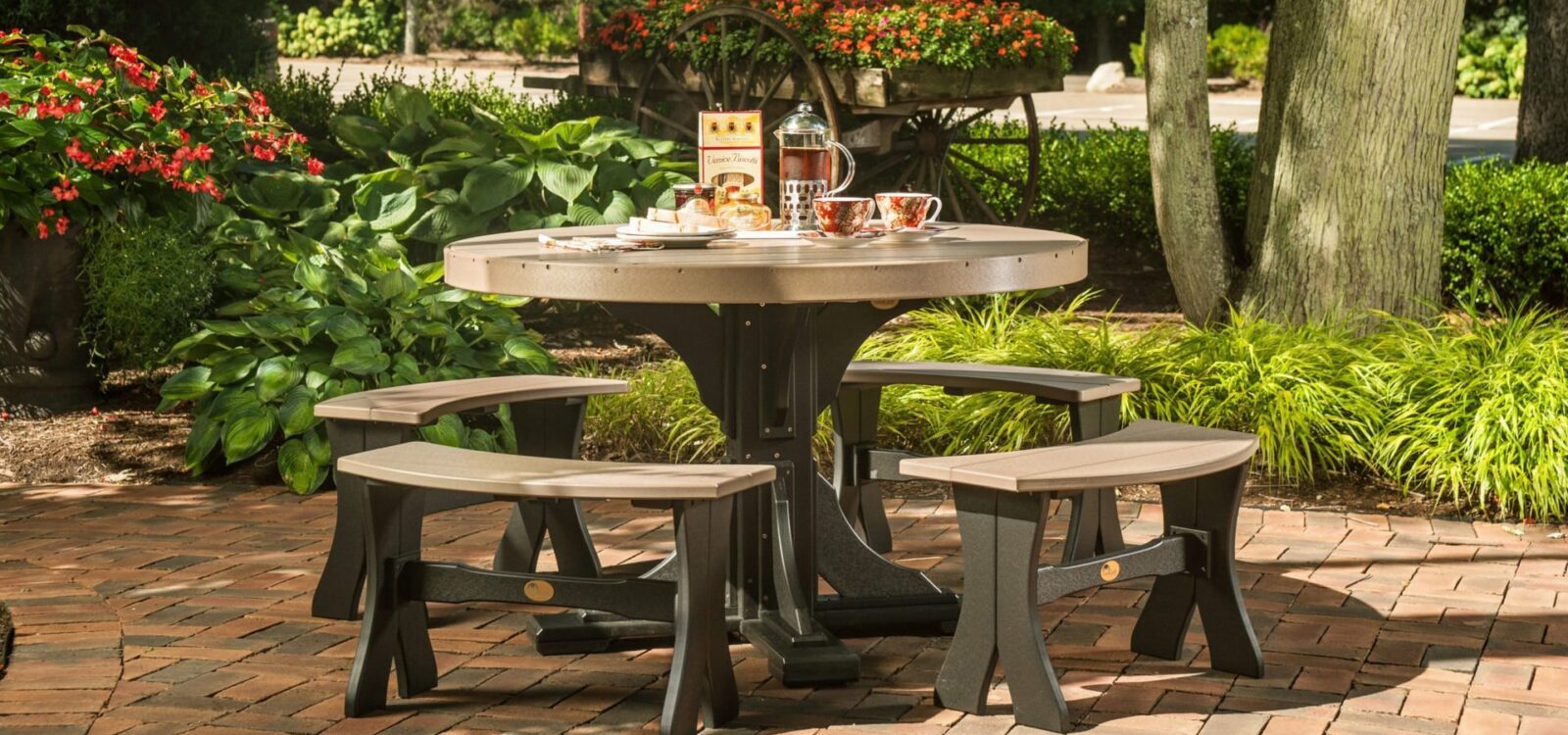 patio table Round Table Set with Benches Weatherwood Black