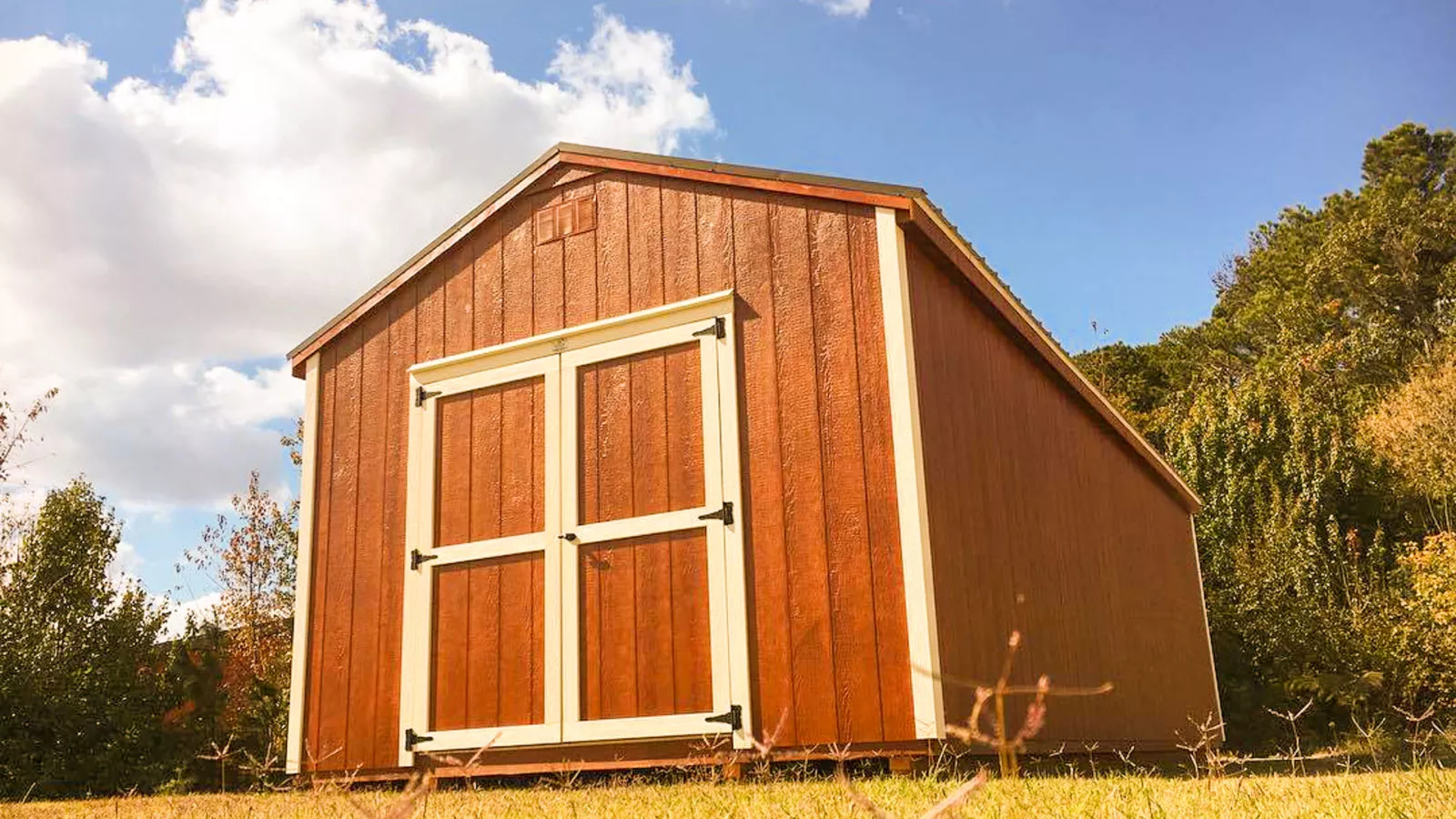 exterior of red and white pre-built storage shed for sale