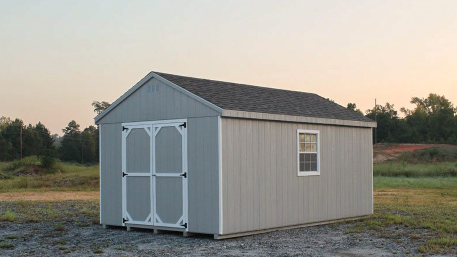exterior of grey pre-built storage shed for sale