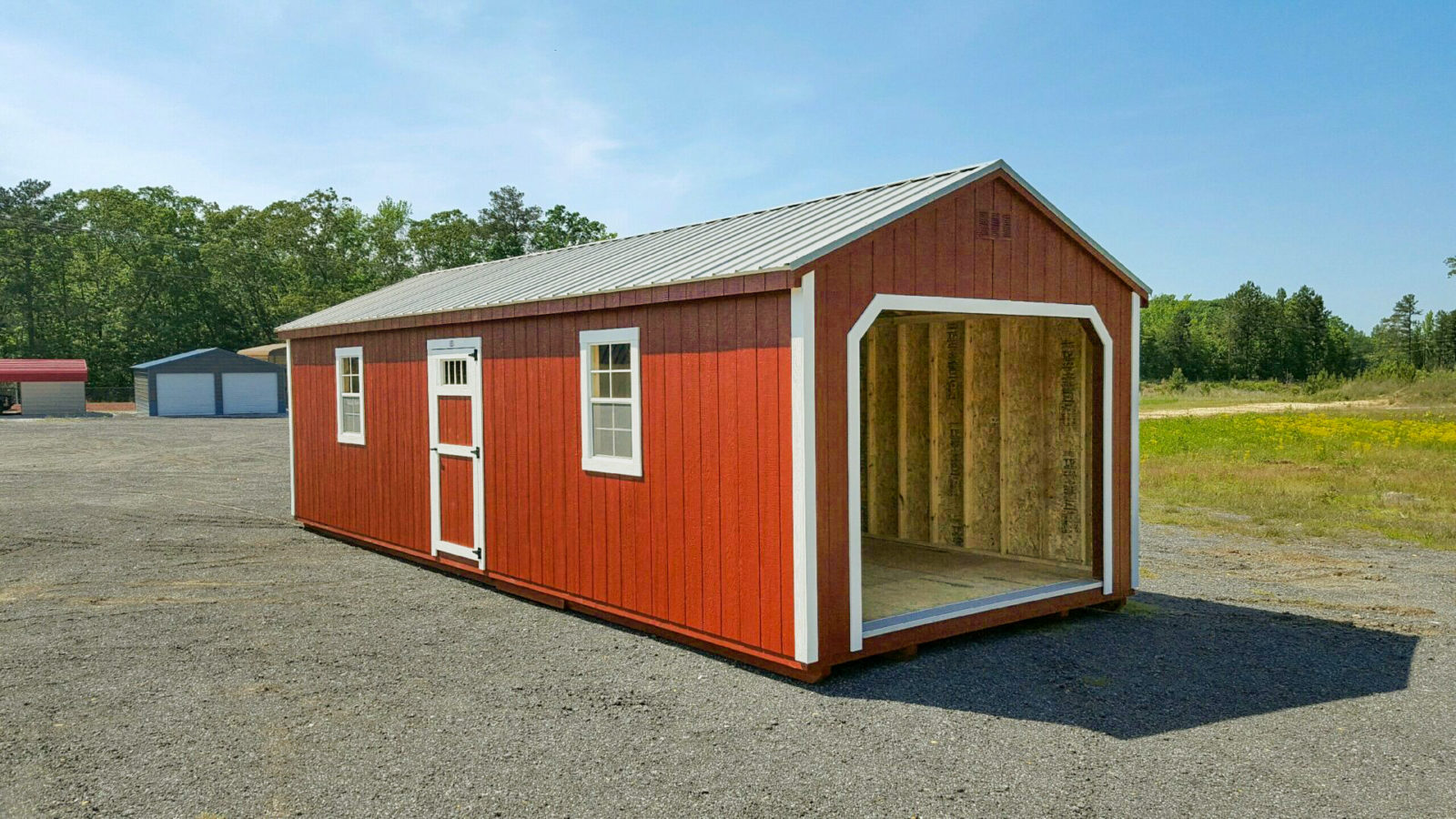 exterior of red pre-built single-car garage for sale