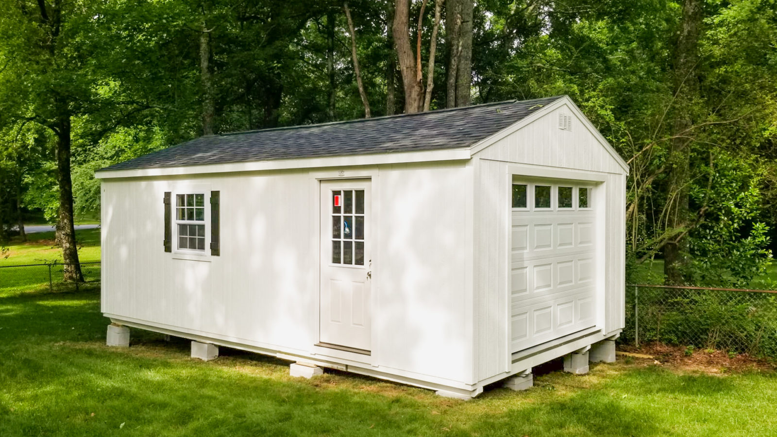exterior of white pre-manufactured garage for sale