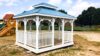 exterior of a white and blue gazebo for sale